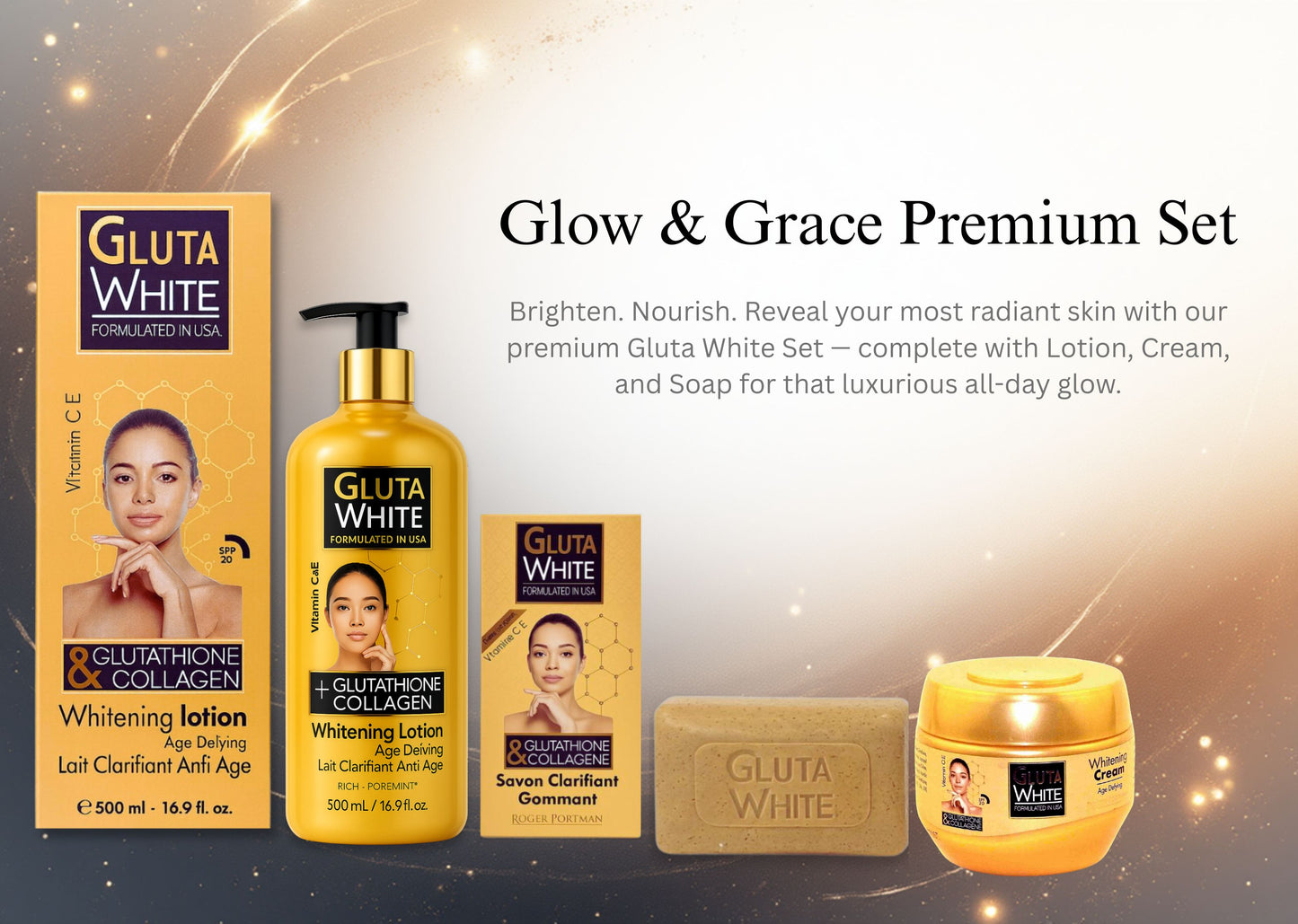 Gluta White Radiance Set (Lotion 500ml + Soap + Whitening Cream 275ml) — Brightening & Moisturizing