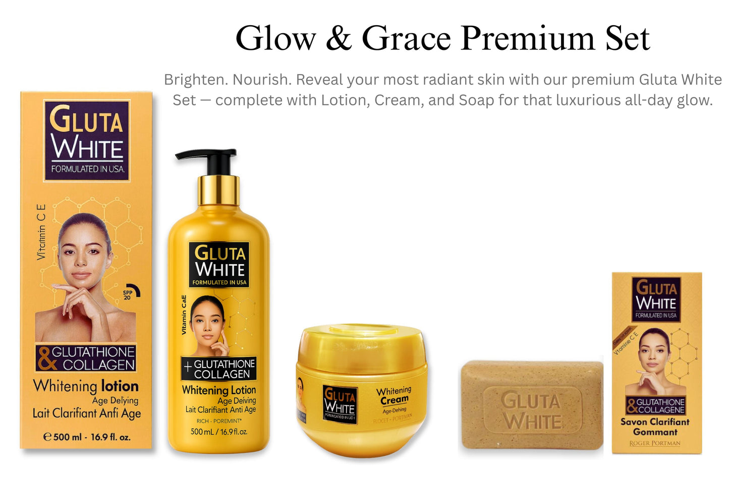 Gluta White Radiance Set (Lotion 500ml + Soap + Whitening Cream 275ml) — Brightening & Moisturizing