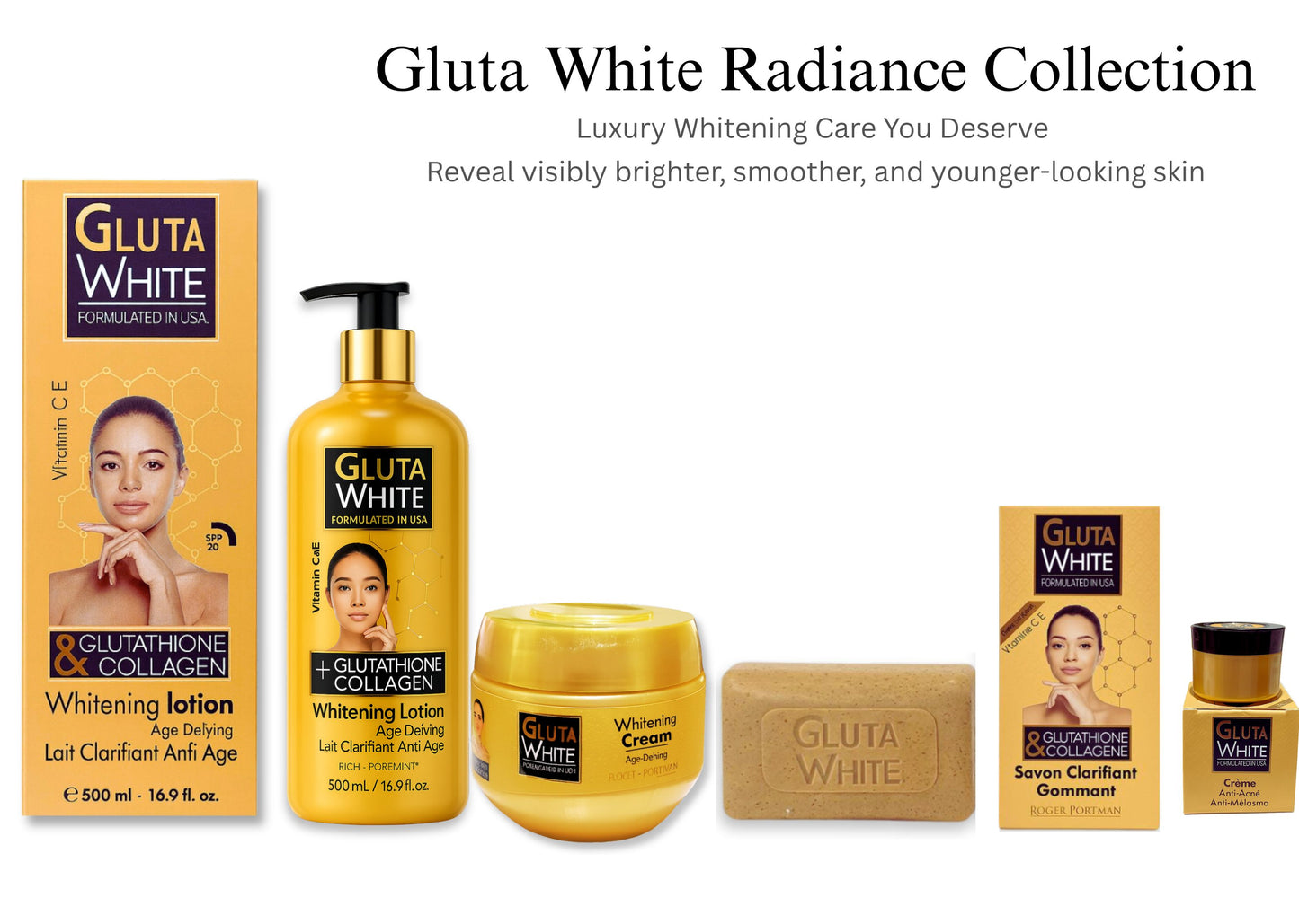 Gluta White(Whitening Lotion 500 ml + Soap + Whitening Cream 275ml  + Anti-Acne & Anti-Melasma Cream