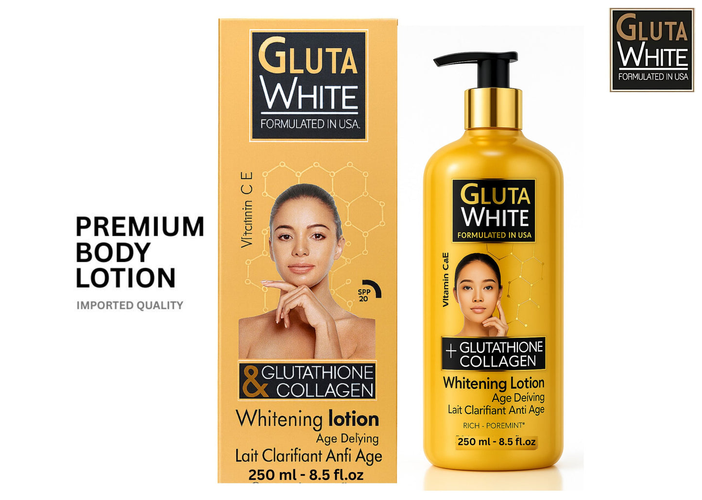 Gluta White Whitening Lotion 250 ml – Age Defying with Glutathione & Collagen | Formulated in USA