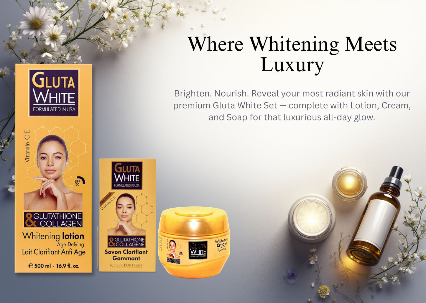 Gluta White Radiance Set (Lotion 500ml + Soap + Whitening Cream 275ml) — Brightening & Moisturizing