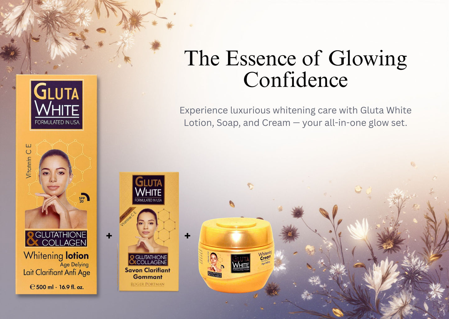 Gluta White Radiance Set (Lotion 500ml + Soap + Whitening Cream 275ml) — Brightening & Moisturizing